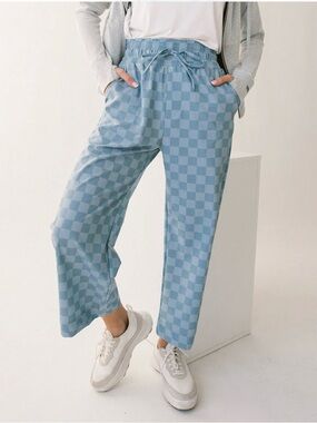 AUDREY WIDE LEG PANTS, BLUE CHECKERS